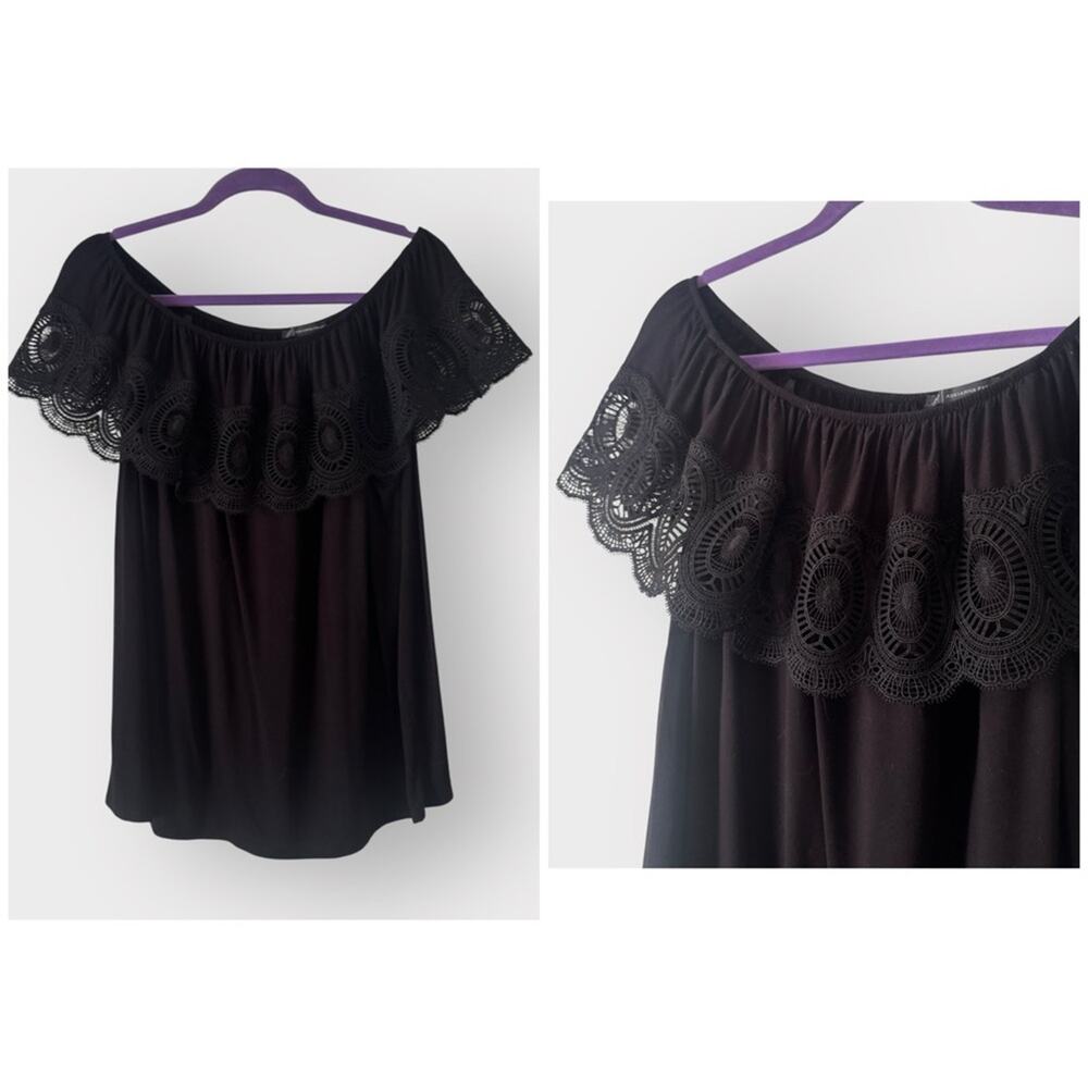Adrianna Papell Black Lace Off-Shoulder Top, large
